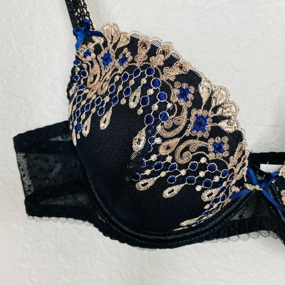 Aubade Paris Joyau Eternel Plunge Push Up Bra 36A Black Padded Embroidery Paris - Picture 5 of 11